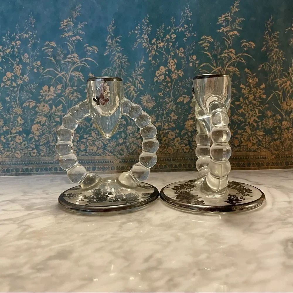 Pair of Circle Silver Overlay Floral Candesticks